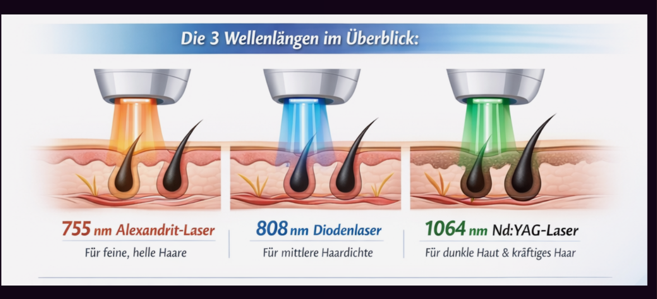 Darstellung der drei Laserwellenlängen 755, 808 und 1064 Nanometer mit Hautschichten und Haarfollikeln